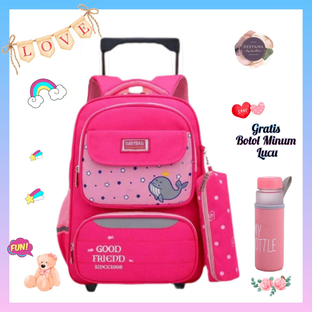 Tas Ransel Troli Anak Perempuan Model Pauss Bin Gratis Botol Minum Lucu Tk Paud Dan Sd