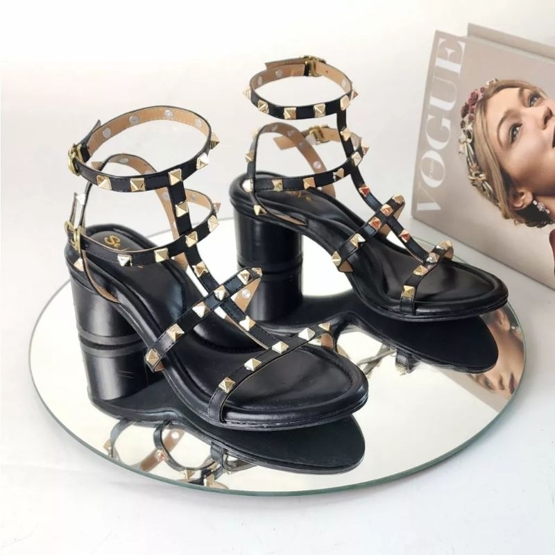 Arlaine Leica Sandal Heels Stud Piramid / Sandal Heels Tali Wanita / Sandal Wanita Hak 5Cm