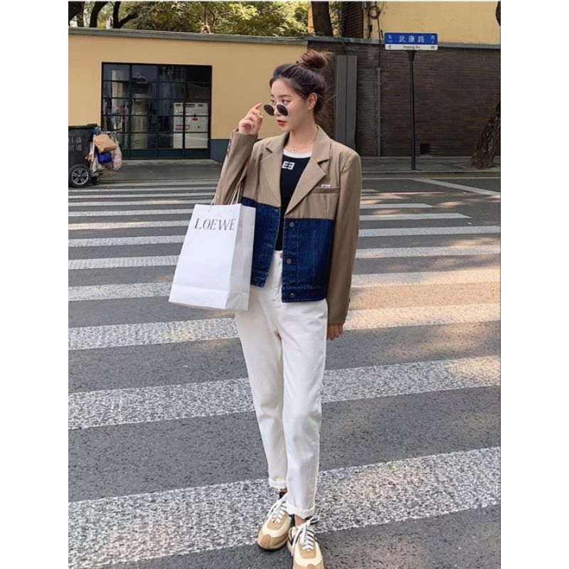 Blazer Mix Denim| Blazer Wanita Kombinasi Denim Import Premium