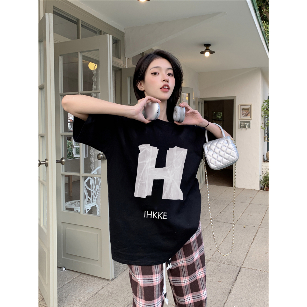 EUNII T-shirt Lengan Pendek Retro H Letter Printing Korean Style/Kaos Atasan Wanita/Baju Wanita/Kaos Wanita