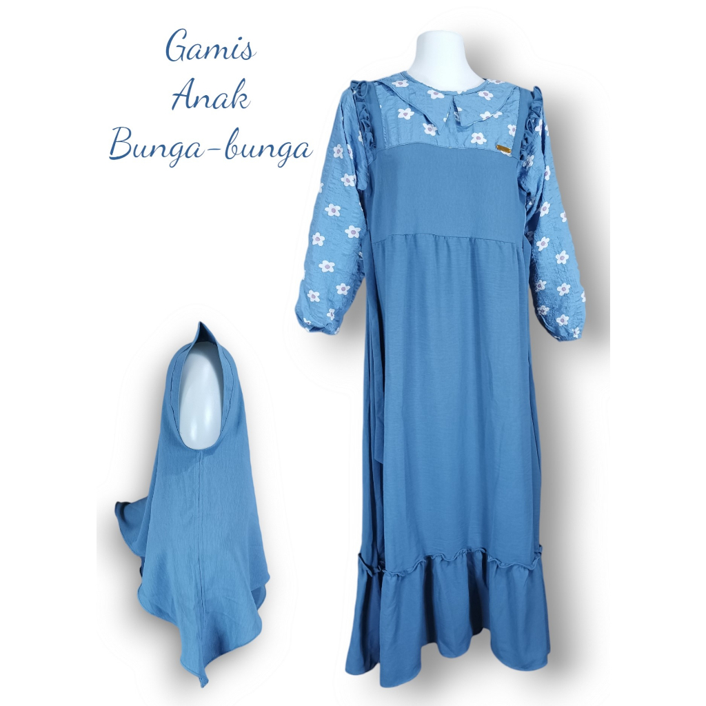 Gamis Susun Anak Tanggung Crincle Bunga-bunga Set Hijab LD 90 PB 125