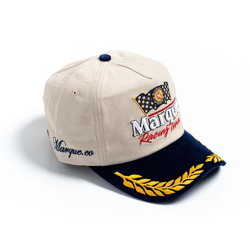 MARQUE.CO Racing Team Vintage Cap Hat Topi - Model Kasual Warna Krem dengan Aksen Navy Corduroy, Buckle Leather Strap