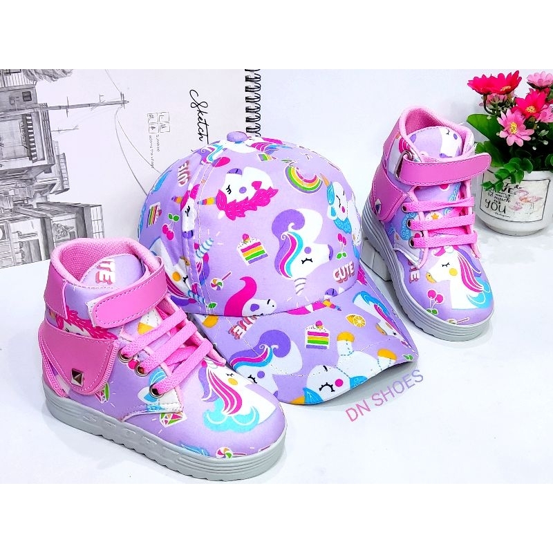 Paket Sepatu Anak Perempuan Topi Anak Lucu Paket Boots Anak Topi Pet Anak Karakter Unicorn Ungu Cute Usia 1 - 7 Tahun