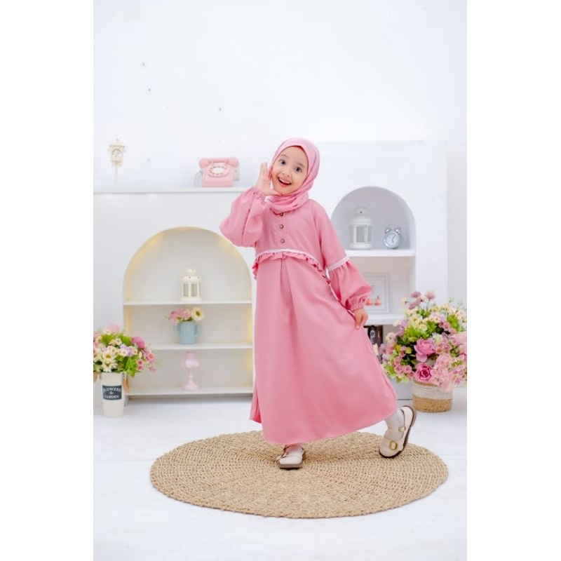 Zaja - Baju Gamis Anak Perempuan 4-12 Tahun Matt Ayara Cros Kombinasi Renda Cantik &amp; Saku Depan Yang Cantik Busana Muslim Anak-anak Kintani Series Tangan Karet &amp; Bahan Lembut