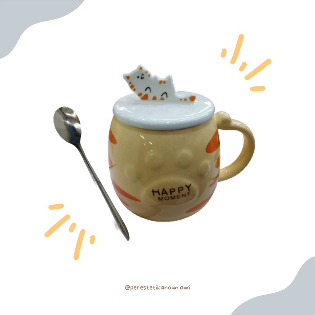 Mug Gelas Keramik Aesthetic 400 ml Free Tutup + Sendok
