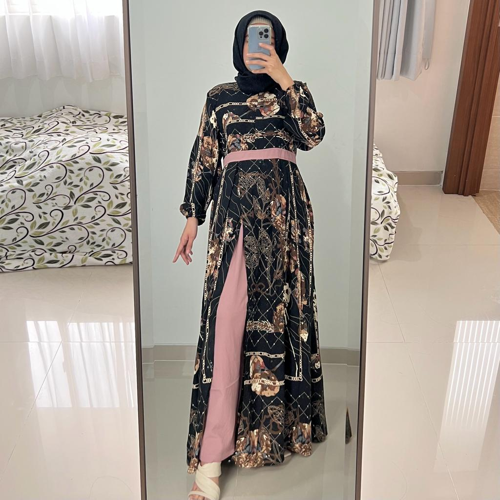 Setelan Gamis Liora - Gamis Serut Pesta Raya Syari wanita Casual Lebaran Maxmara Lux MCL2 Tali Pinggang Samping