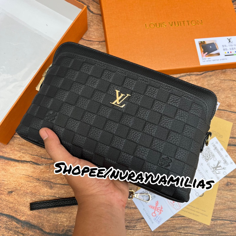 clutch lv Free box import mirror pakai kode kunci clutch wanita dan pria import clutch bag branded