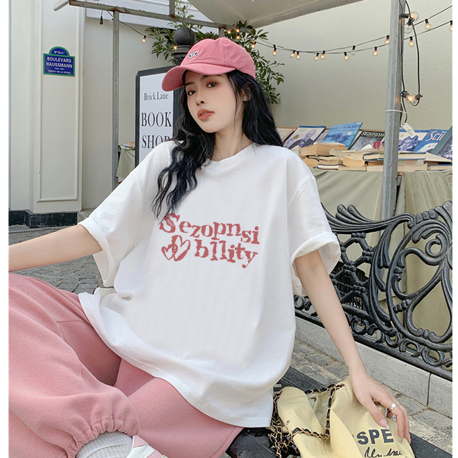 korean style oversize baju kaos wanita lengan pendek pink letter motif kaos puith kekinian import