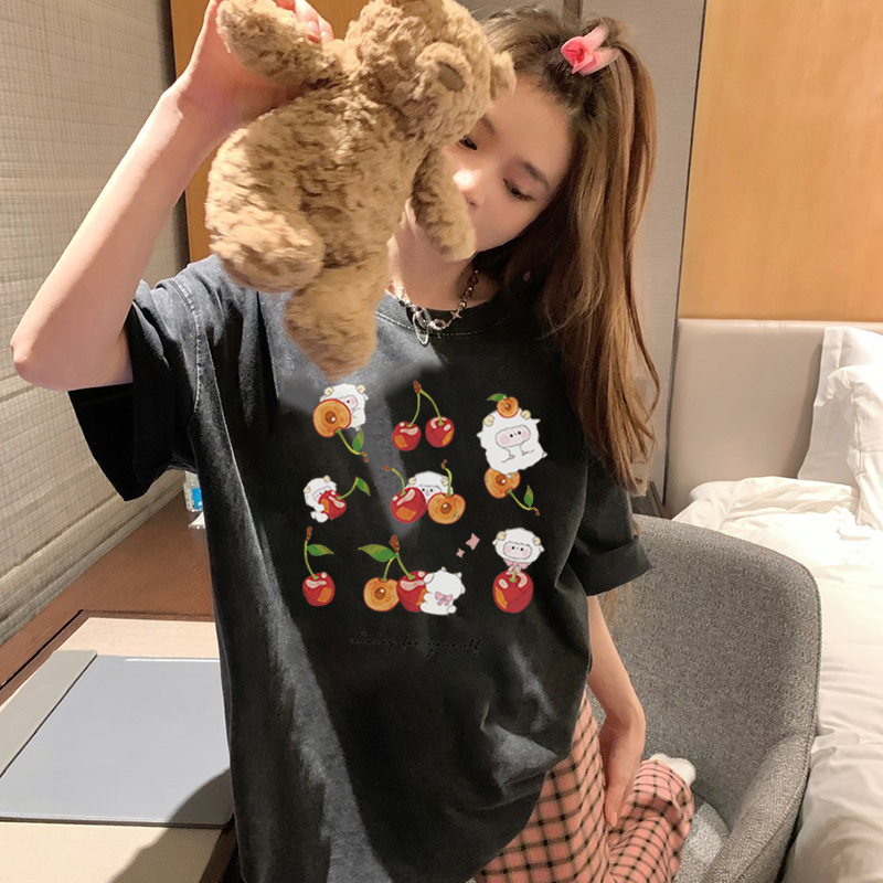 Print Washed T-shirt Kaos Lengan Pendek Oversize Cute Small Cherry Korean Style Atasan Wanita