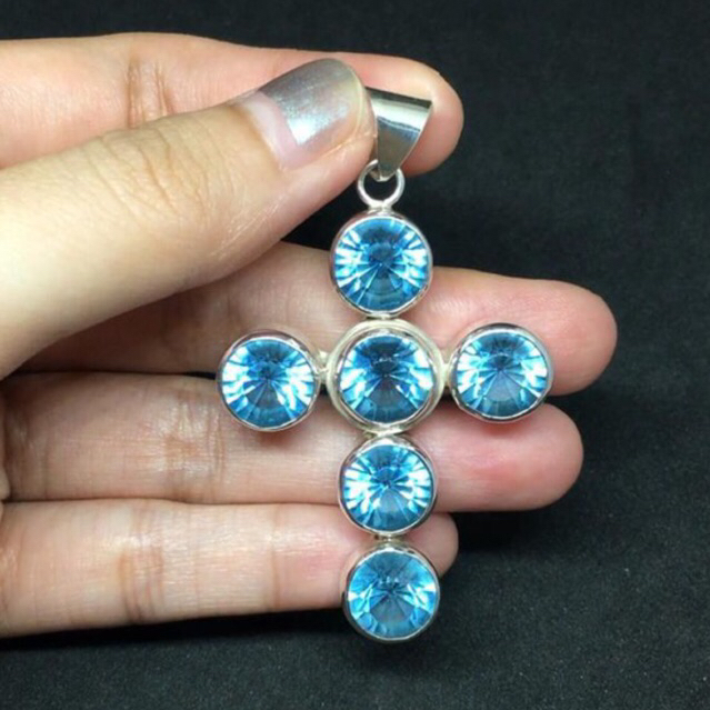 Liontin Perak Silver 925 Asli Blue Topaz Salib Besar