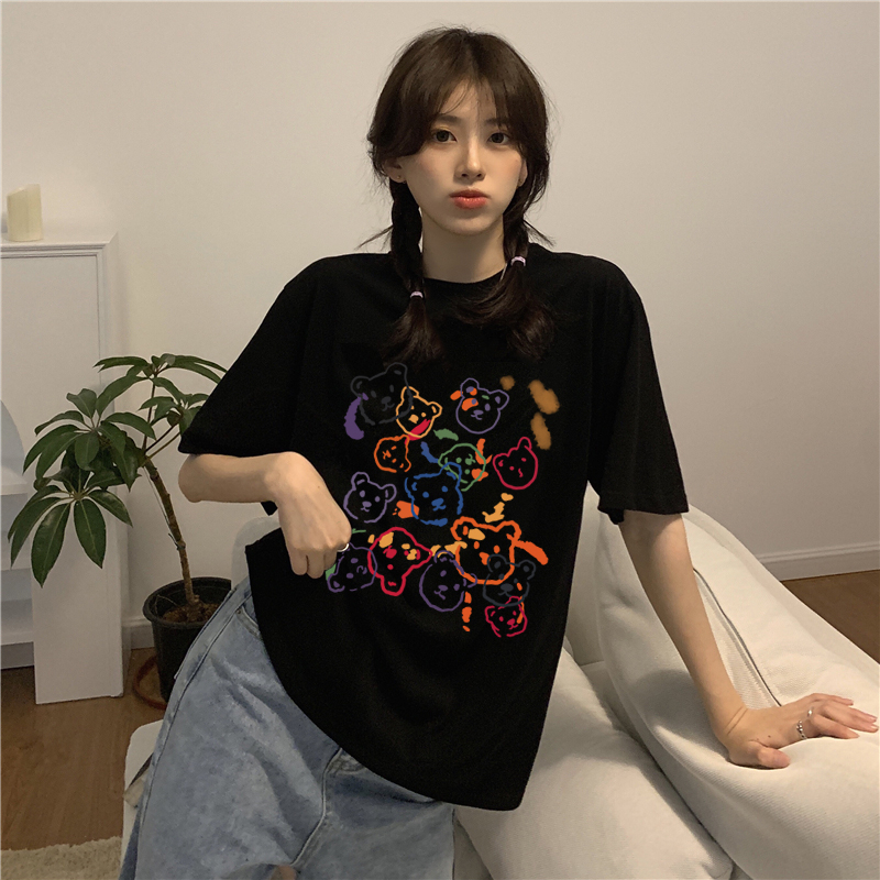 XiaoZhaiNv Kaos Atasan Oversize Wanita Color Bear Pattern Lengan Pendek A0304