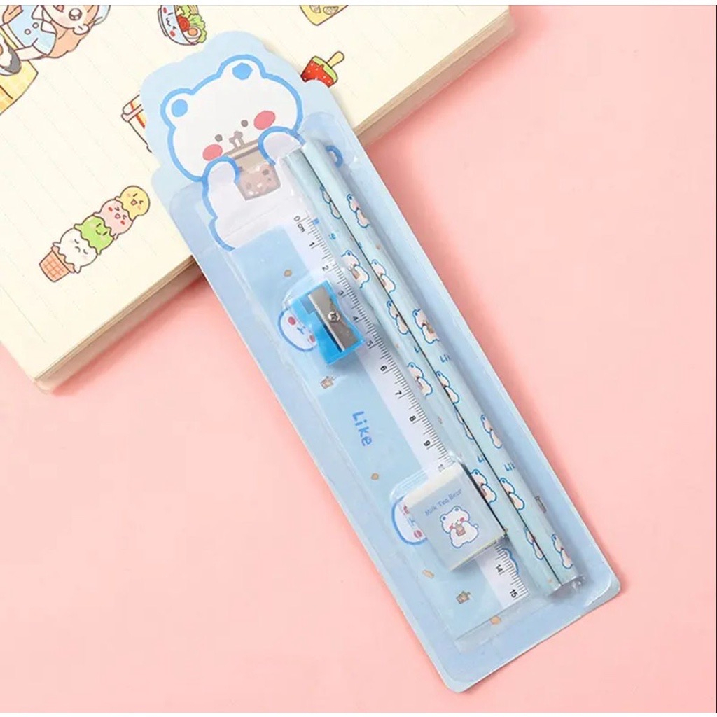 Alat Tulis Sekolah Set 5in1 Pensil Penghapus Penggaris Rautan Gambar Lucu