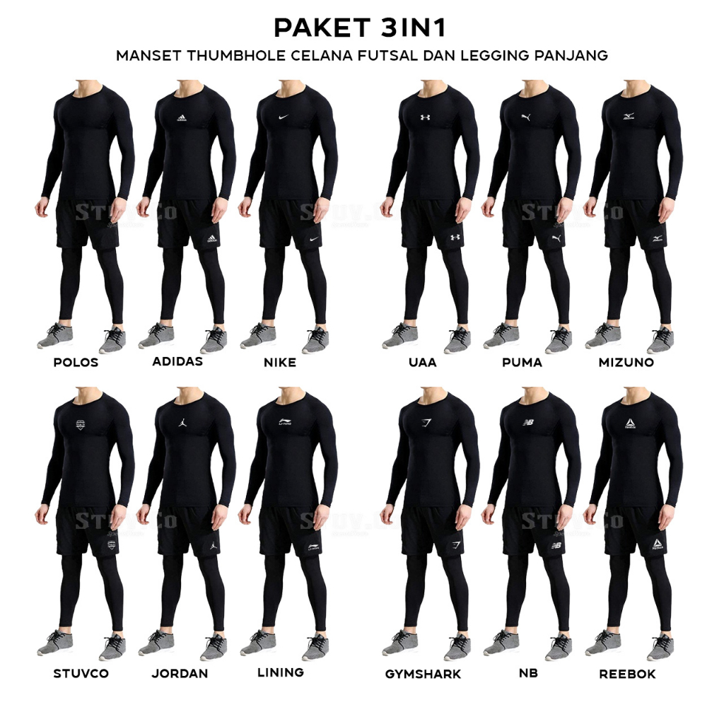 3IN1 STELAN OLAHRAGA MANSET BASELAYER THUMBHOLE  LEGGING PANJANG DAN CELANA FUTSAL