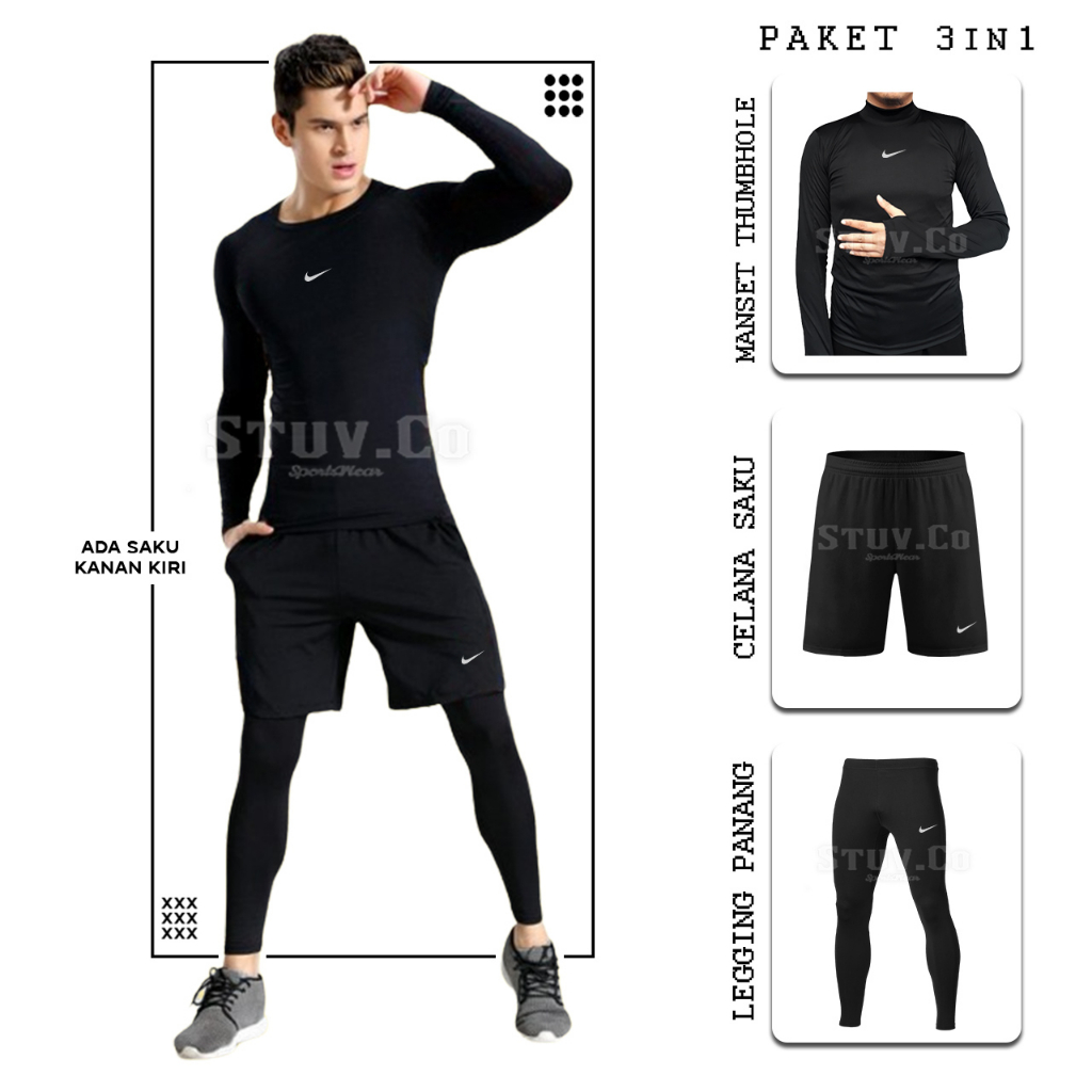 PAKET 3IN1 MANSET BASELAYER THUMBHOLE LEGGING PANJANG DAN CELANA PENDEK SAKU OLAHRAGA