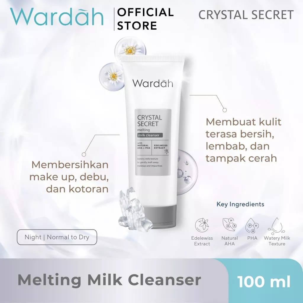 Wardah Crystal White Secret Milk Cleanser / Pure Brightening Cleanser - 100ml / 150ml - Pembersih Wajah Natural AHA+PHA dan Edelweiss Extract - Mencerahkan dan Melembabkan Wajah Wardah