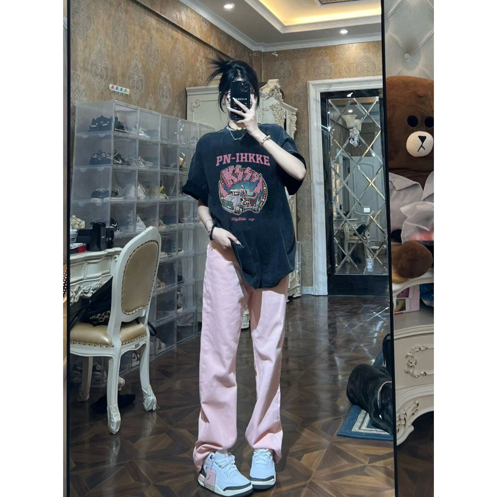 EUNII T-shirt Lengan Pendek Black Washed Vintage Pink Car Printing Korean Style/Kaos Atasan Wanita/Baju Wanita