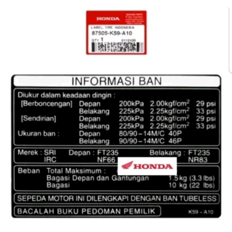 label sticker informasi tekanan angin ban vario 150 led 125 led beat esp 87505 K59 A10 ori ahm