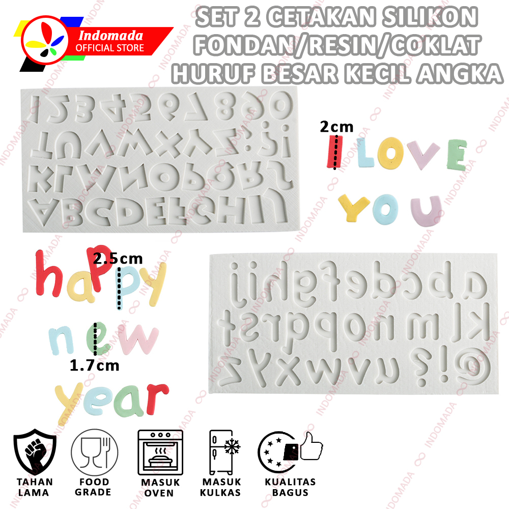 Indomada Cetakan Set 2 Huruf Besar 2 cm Kecil 1.7 cm Angka Kartun Fondan Silikon Fondant Alphabet Up