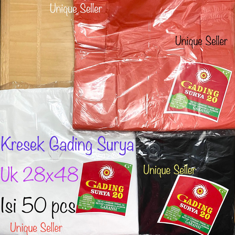 Kresek Gading Surya 28x48 Putih Merah Hitam Tebal 02 isi 50 pcs / Kresek Kilat Sunrise Bola Api 28x48 Tebal 02 / Kantong Kresek Gading Surya Kilat Sunrise Bola Api Uk 28 Putih Hitam Merah / Kresek HDPE Gading Surya Sunrise Kilat Hitam Putih Merah 28x48x02