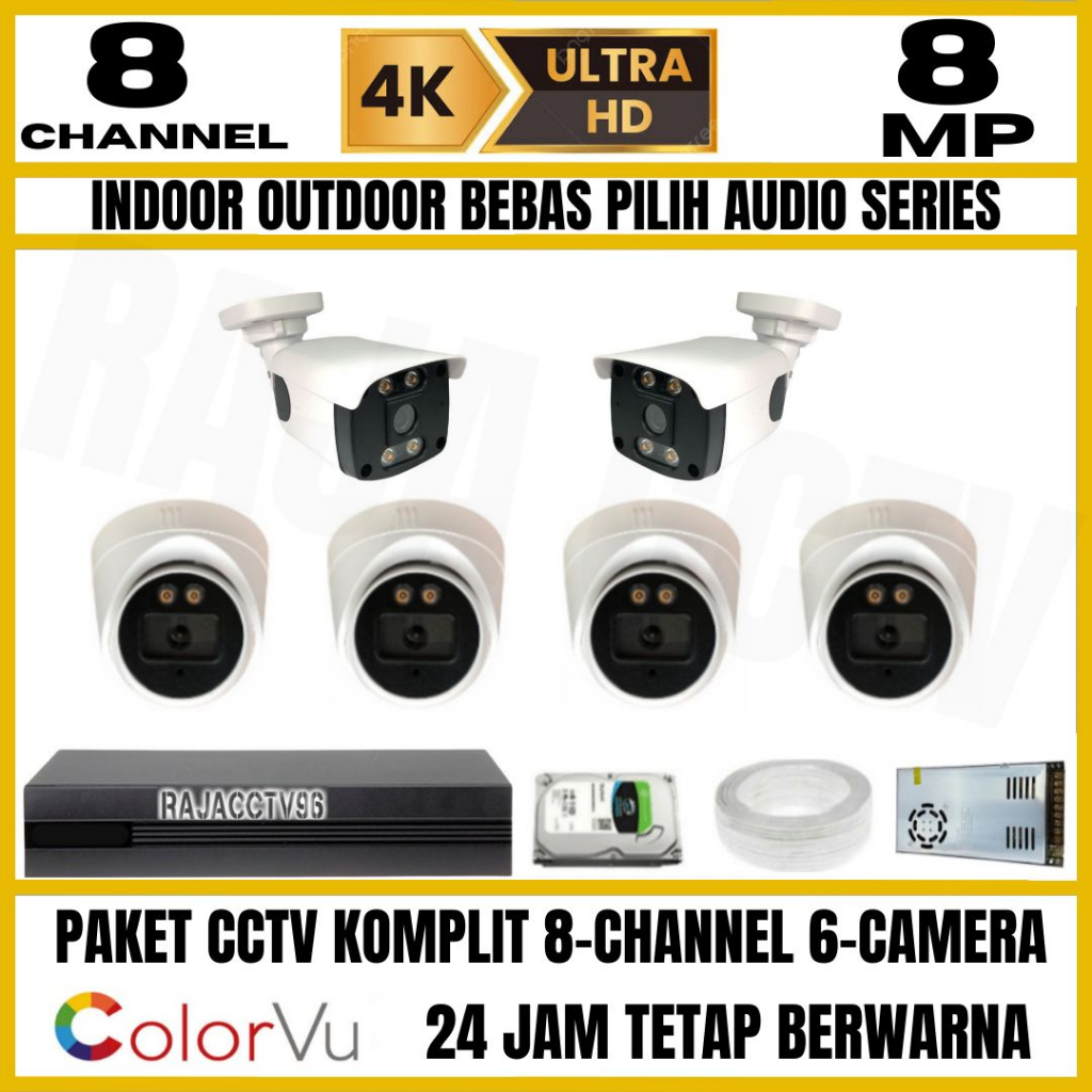 PAKET CCTV 8MP COLORVU COLORFUL 8 CHANNEL 6 KAMERA ULTRA HD 4K CAMERA AUDIO SERIES SIANG MALAM WARNA IC SONY