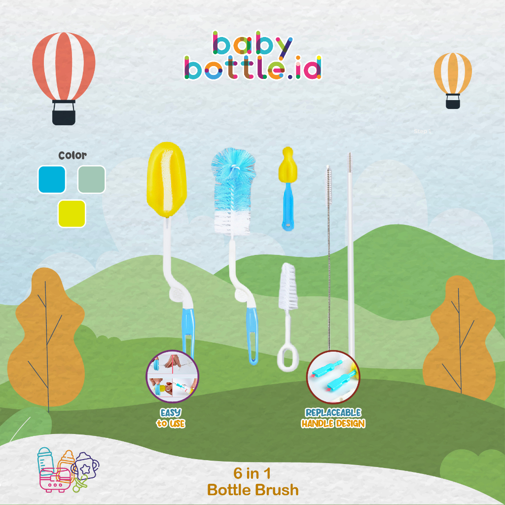 REIZBABY 6 IN 1 SPONGE NYLON BRUSH | SIKAT BOTOL SUSU BAYI / SEDOTAN &DOT | Nilon & Busa Spon