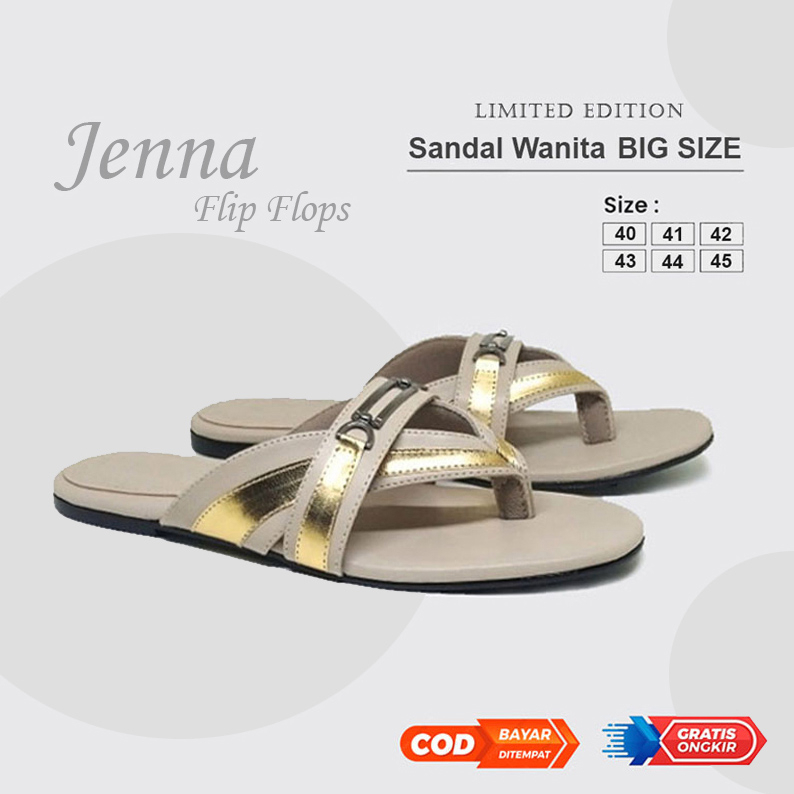 Flip Flop Jenna - Sandal Flat Wanita (Ukuran Besar Kaki Jumbo) Sendal Pesta Santai Jepit Capit Mewah Cantik Cewek Big Size