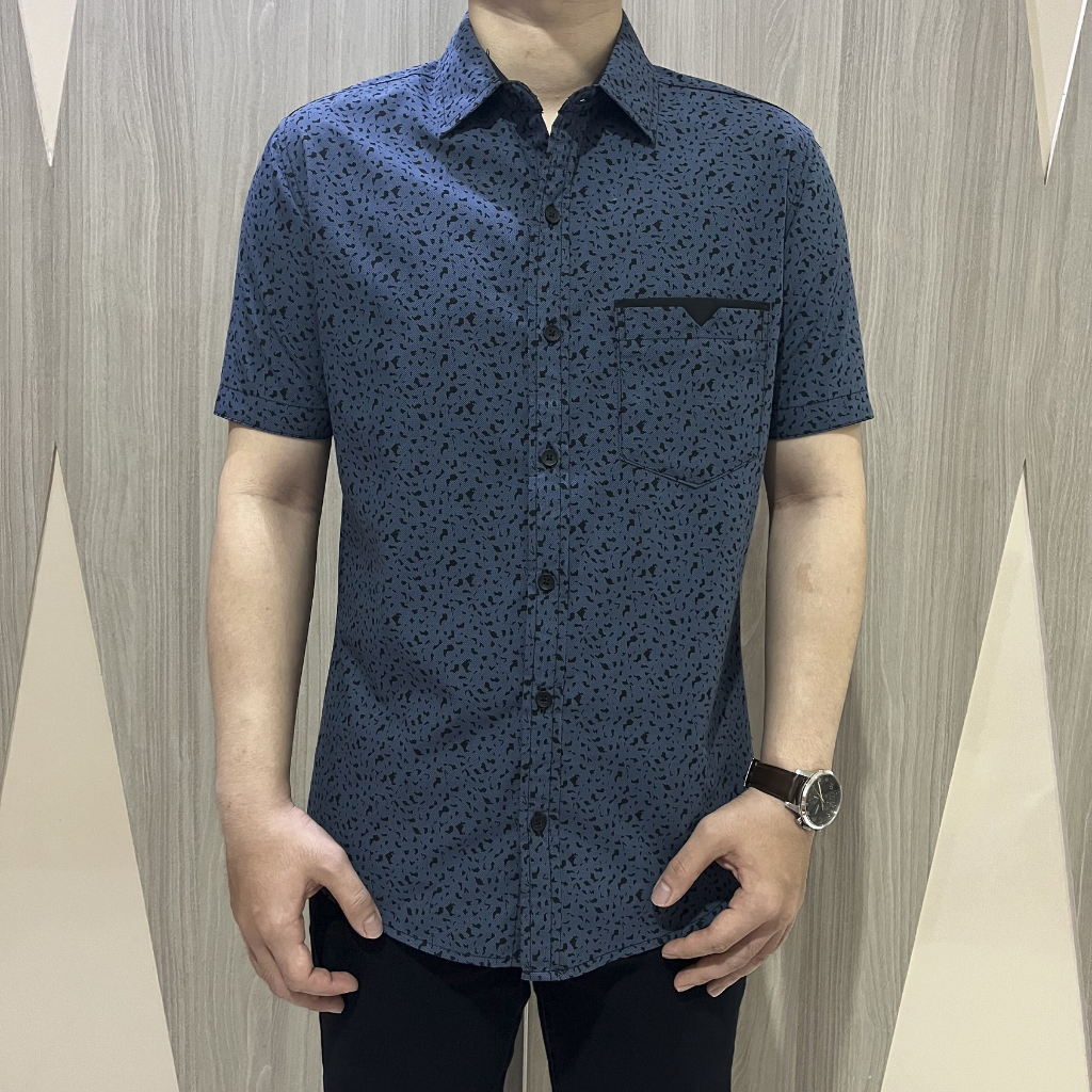 [GRIDLINE - S313 Prussian &amp; Azure Blue] Kemeja Pria Katun Lengan Pendek Slimfit Kerah Modern Elegant Simpel M-XXL