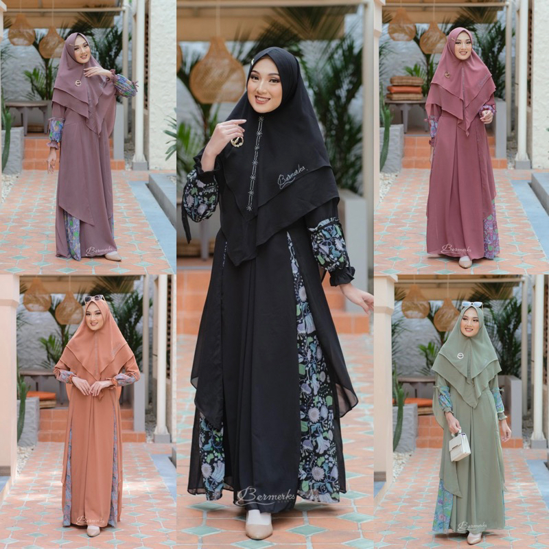 Marwah Syar'i ORI By Bermerks / Gamis Syari Ceruty Printing Set Khimar / Gamis Set Aurel Refina ori 