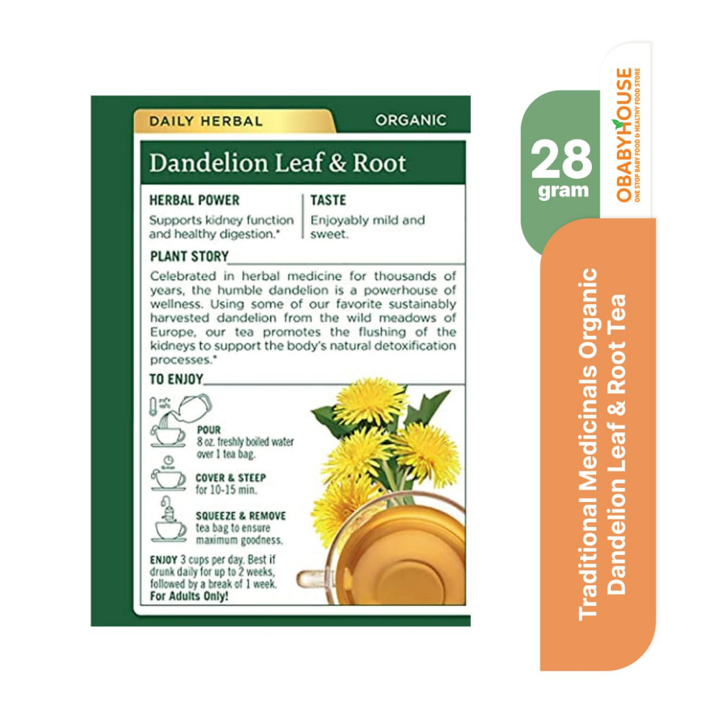 Traditional Medicinals Organic Dandelion Leaf &amp; Root Tea Caffeine Free 16 Wrapped Tea Bags 28 gr