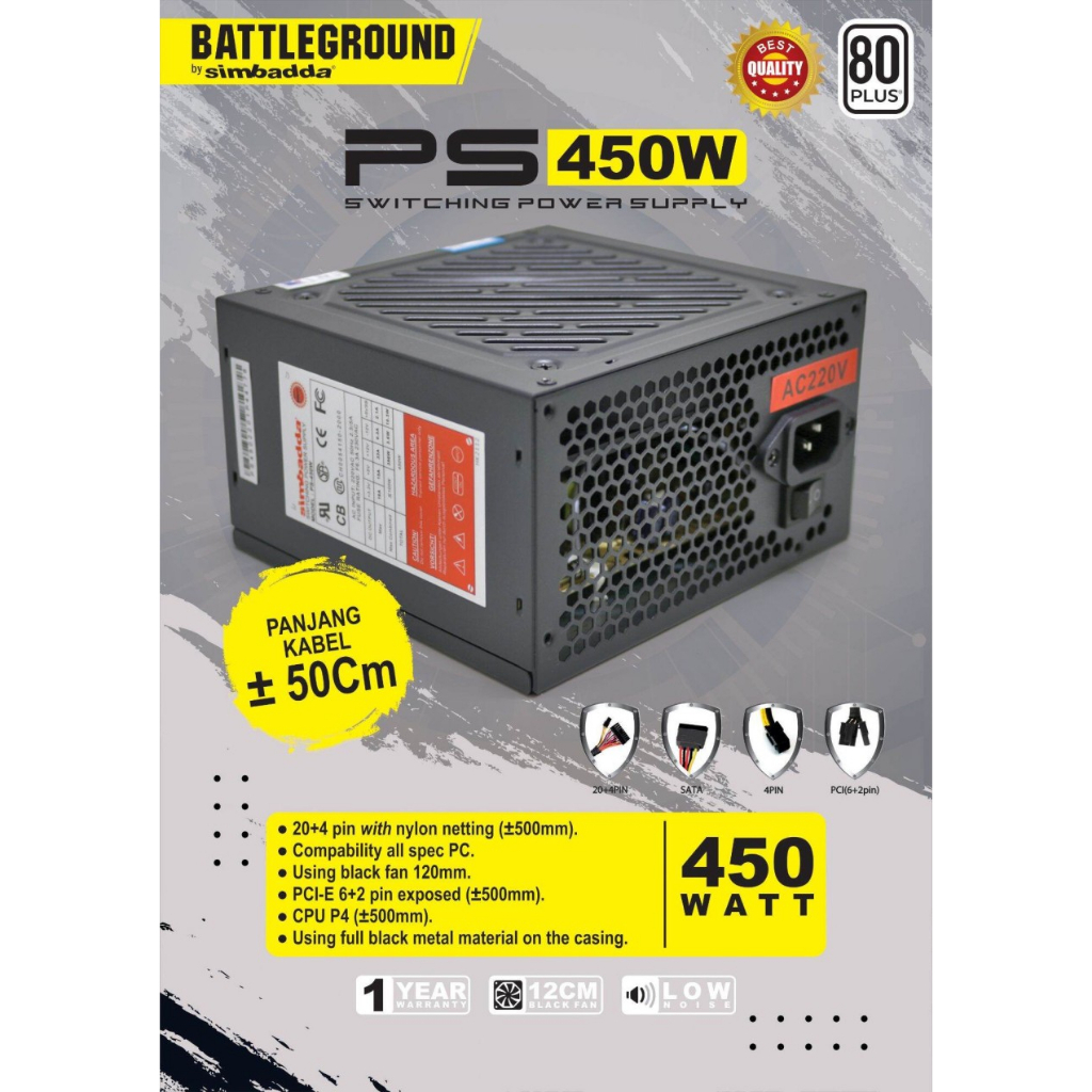 Power Supply Simbadda Battleground 450Watt 20+4Pin 80+ PSU GAMING