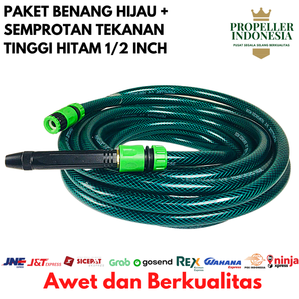 Selang Air Benang 1/2 Inch Hijau Paket Semprotan Air Lurus Hitam