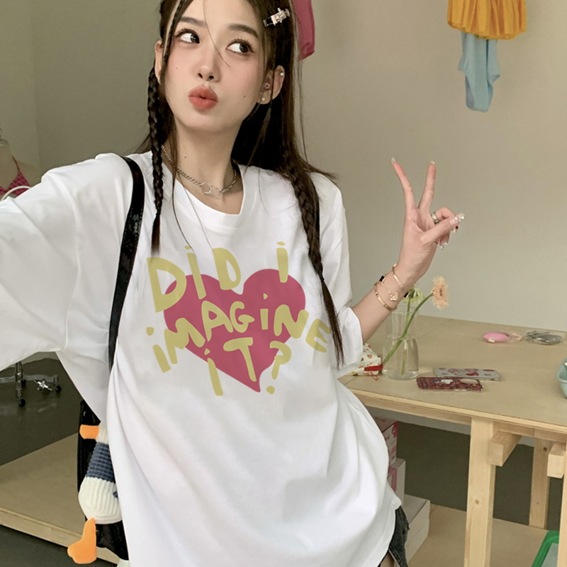 Print T-shirt Kaos Lengan Pendek Cute Question Mark Love Baju Wanita Oversize Korean Style