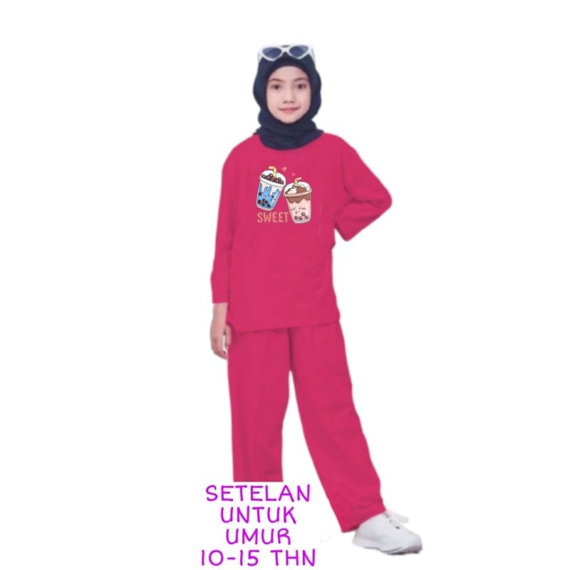 Setelan Anak Perempuan Remaja Terbaru 2023 Bahan Babyterry Stelan One Set Anak Cewek Kekinian Viral Boba Sweat