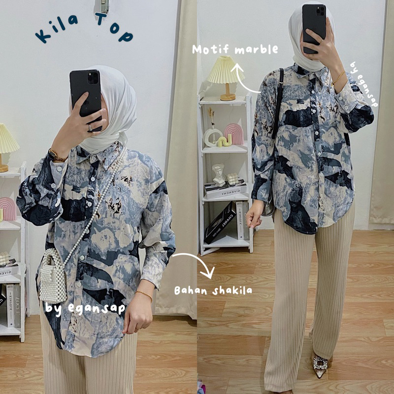 Kila Marble |  Kemeja Abstrak Marble Blouse Atasan Kekinian Korean Style