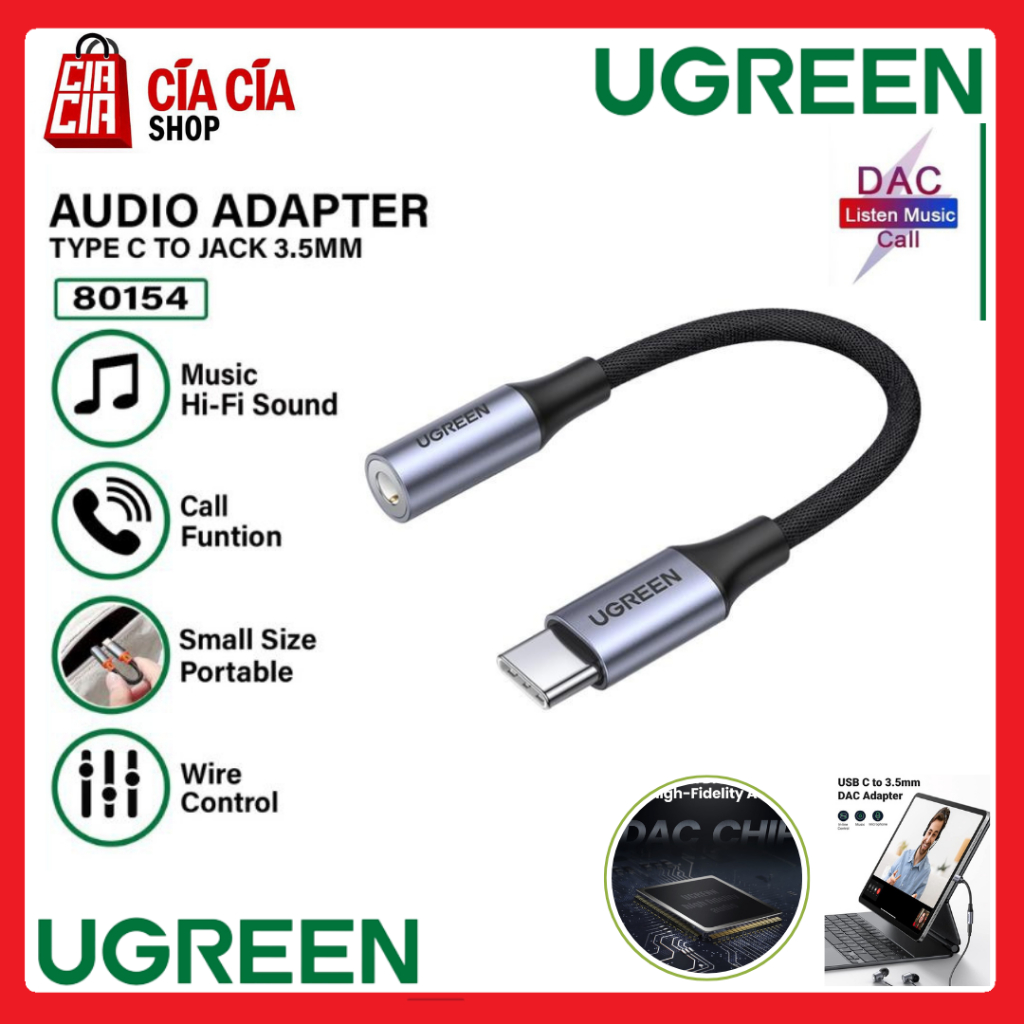 UGREEN Converter Audio Type C To Aux Jack 3.5mm Adapter Audio USB C DAC 80154