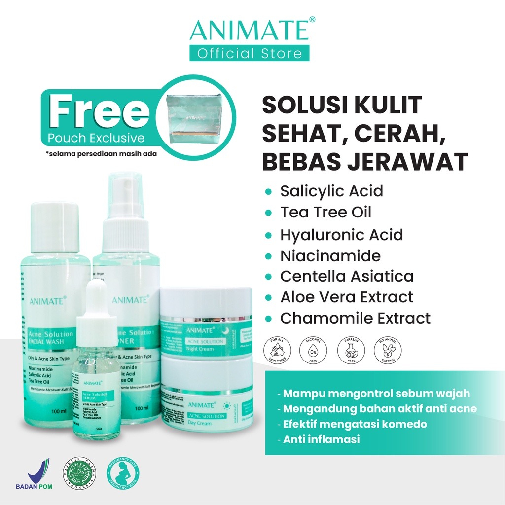 Animate Paket Acne Solution Series 5in1 Original BPOM Untuk Perawatan Wajah Berjerawat Bruntusan Facial Wash Toner Serum Day Pagi Malam Night Cream