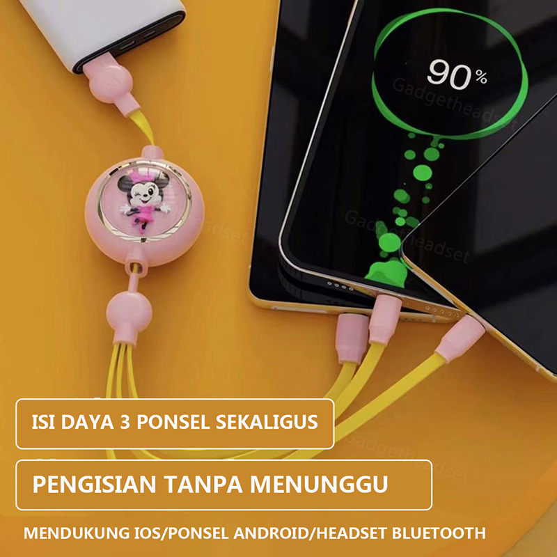 Disney kabel Charger 3 in 1 Mobile Cables Fast Charging Kompatibel 2A Lightning+MicroUSB+Type-C Panjang 80-110CM Dapat Disesuaikan Kabel Pengisian Portabel Untuk IOS/Android IPhone Samsung xiaomi