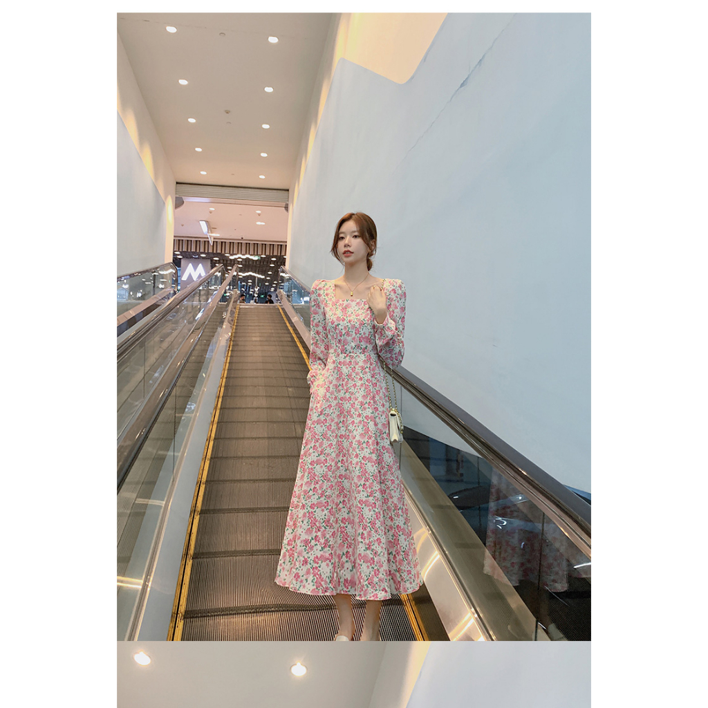 2023 new fashion square neck long floral dress