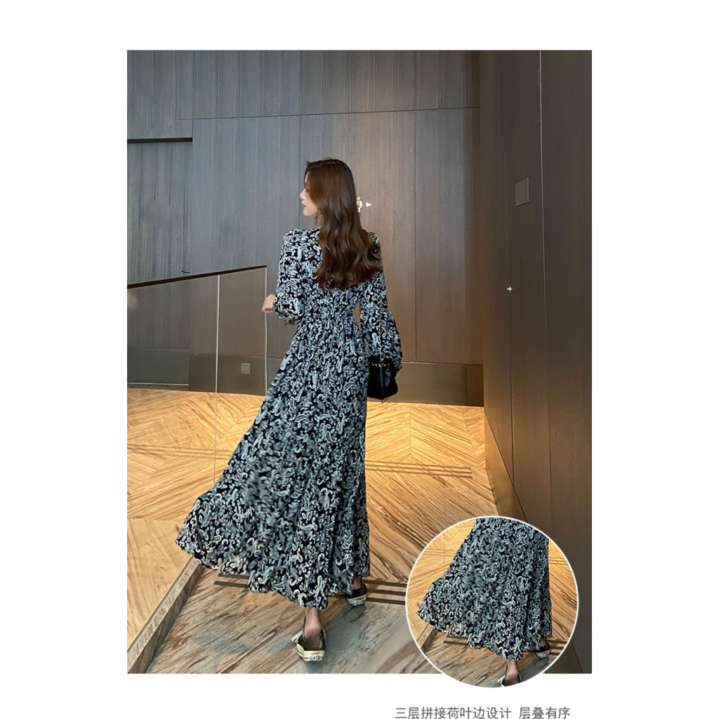 Floral dress female new long-sleeved swing v-neck long dress