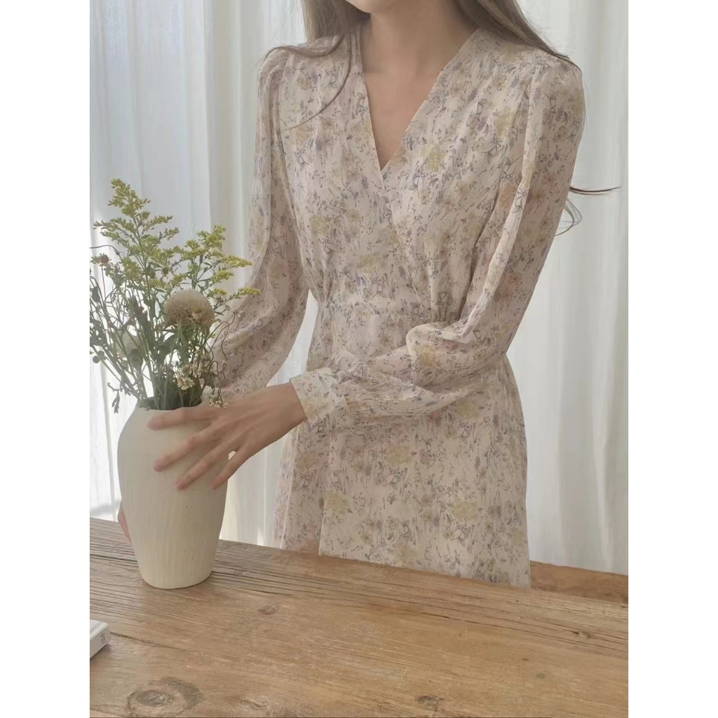 Korea v-neck long Floral dress temperament for women