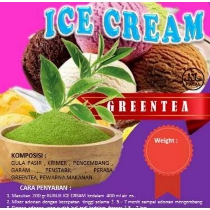 

Bubuk Ice Cream / Bubuk Es Krim Green Tea Matcha 1kg / Bubuk Ice Cream Murah Batavia / Bubuk Soft Ice Cream / Bubuk Hard Ice Cream Batavia / Bahan Ice Cream Batavia