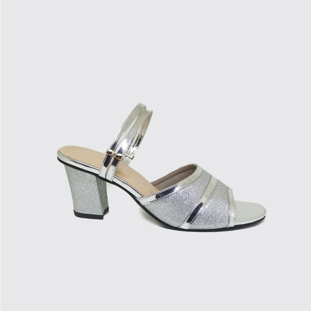 Sendal Heels Wanita (Ukuran Besar Jumbo) Sandal Pesta Mewah Cantik Hak 7 cm Silver