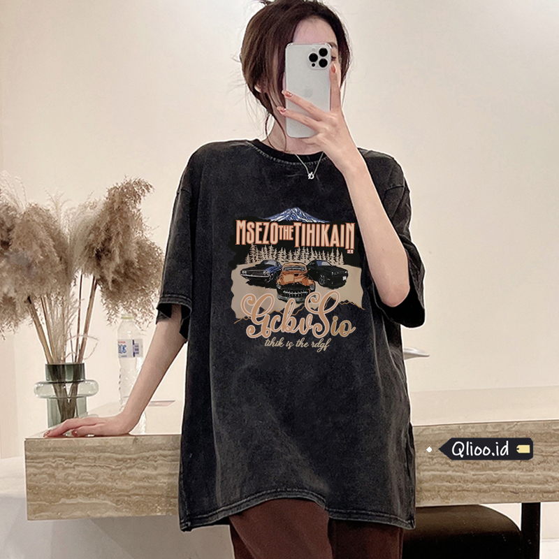 Print Washed T-shirt Kaos Lengan Pendek Oversize Retro Car Korean Style Atasan Wanita