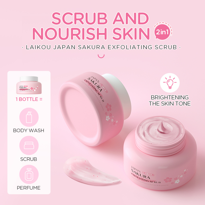 LAIKOU Japan Sakura Scrub Wajah dan Tubuh Eksfoliasi Kulit Mati Melembutkan Mencerahkan Warna Kulit 100g