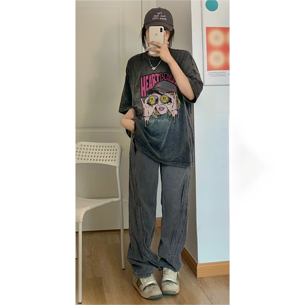 kaos oversize wanita import lengan pendek retro cartoon character graffiti print T-shirt kekinian washed