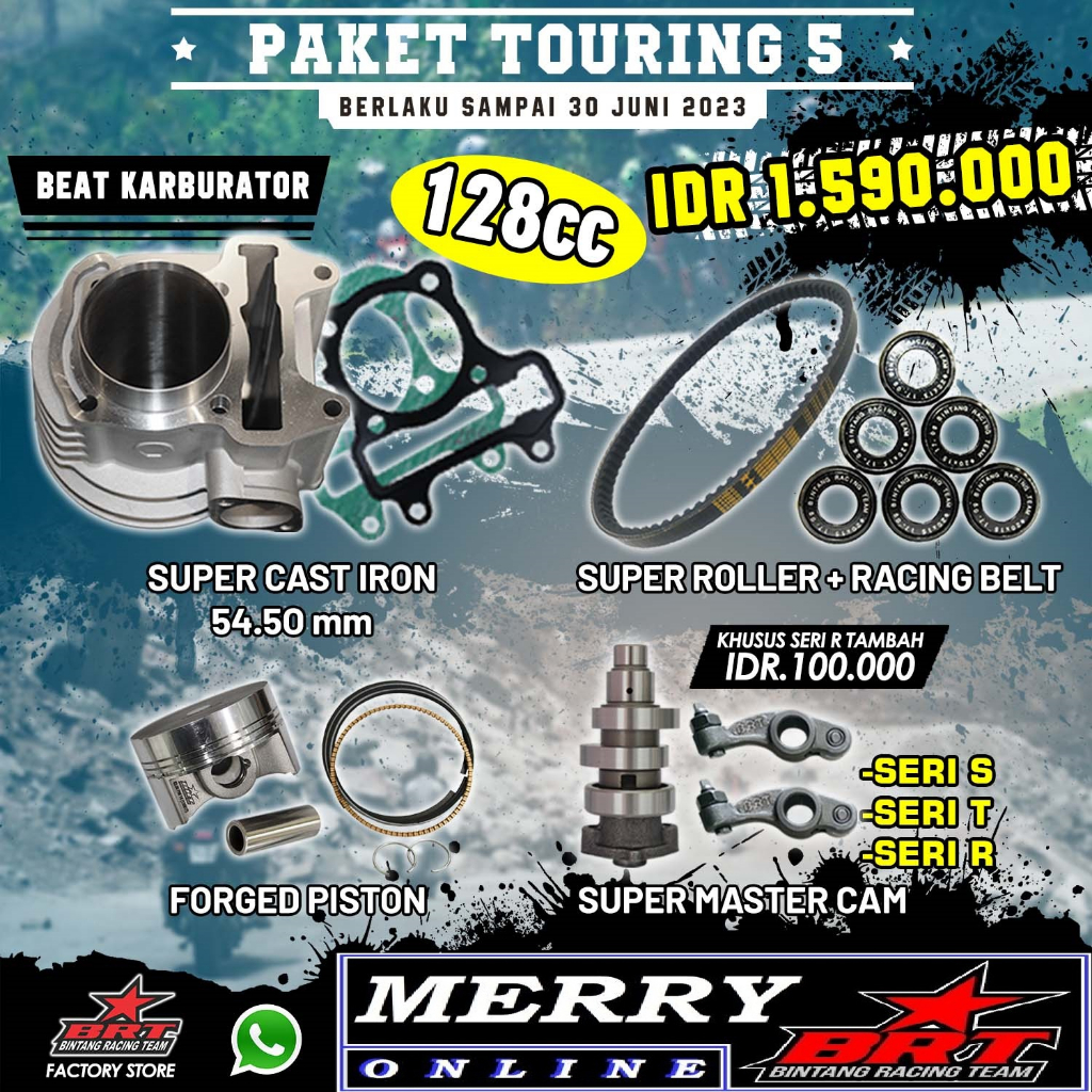 Paket Touring 5 BRT Bore Up Beat Karbu 128cc Blok Seher Piston 54,5mm Cam Roller Vanbelt