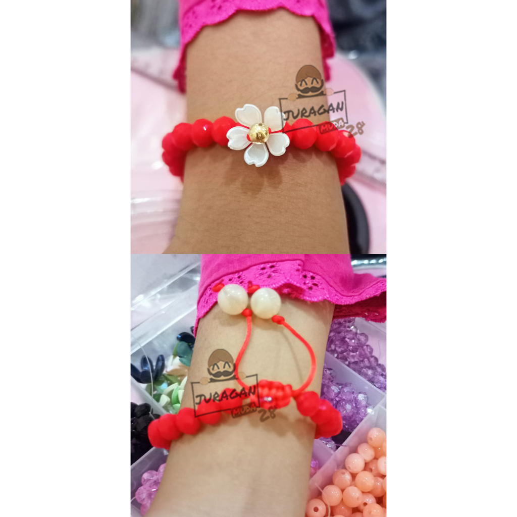 Gelang Tali Cristal Ceko Merah Bunga 1 Liontin Emas Asli karat 10k