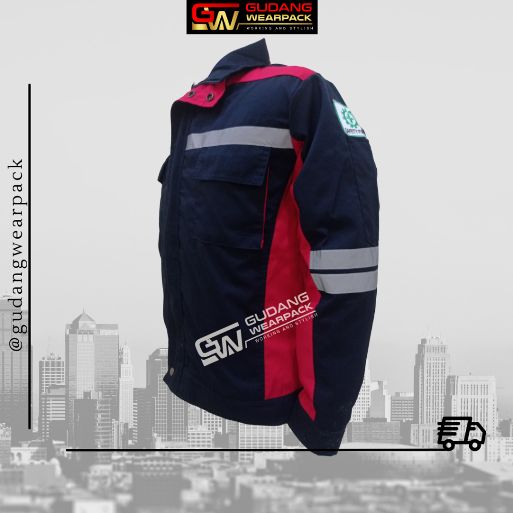 Gudang Wearpack - Baju Kerja Seragam Proyek SemiJaket Warna Dongker Lis Merah