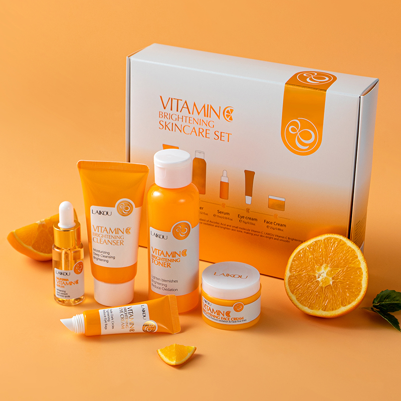 LAIKOU Vitamin C Serum Mencerahkan Melembabkan Skin Care 5pcs Set Meratakan Warna Kulit Mengontrol Minyak Cleanser