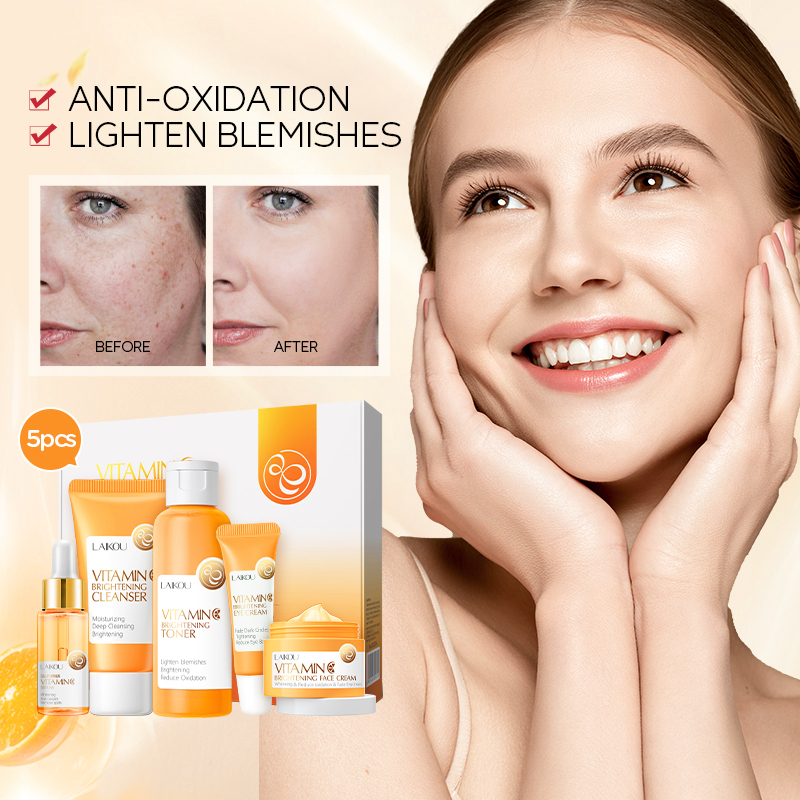 LAIKOU Vitamin C Serum Mencerahkan Melembabkan Skin Care 5pcs Set Meratakan Warna Kulit Mengontrol Minyak Cleanser